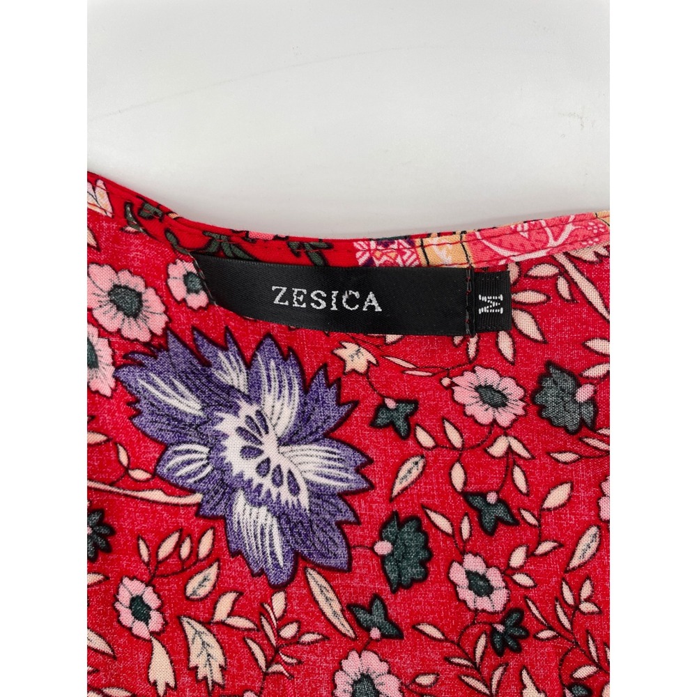 Floral Mini Dress Womens Medium Red Western Boho Cottagecore Boho Ruffle Wrap - Picture 5 of 8